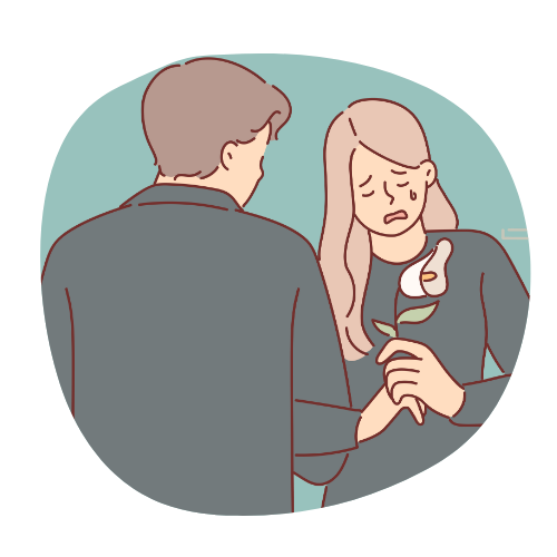 Trauernde Frau mit weißer Rose, Mann spendet Trost - Symbolbild für einfühlsame und günstige Bestattungen in Deutschland.